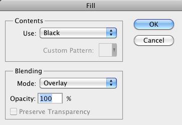 The Fill Dialog Box with Black color and Overlay Blend Mode selected