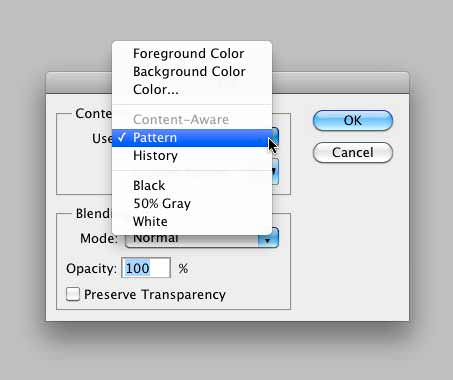 Selecting "Pattern" in the Fill dialog box